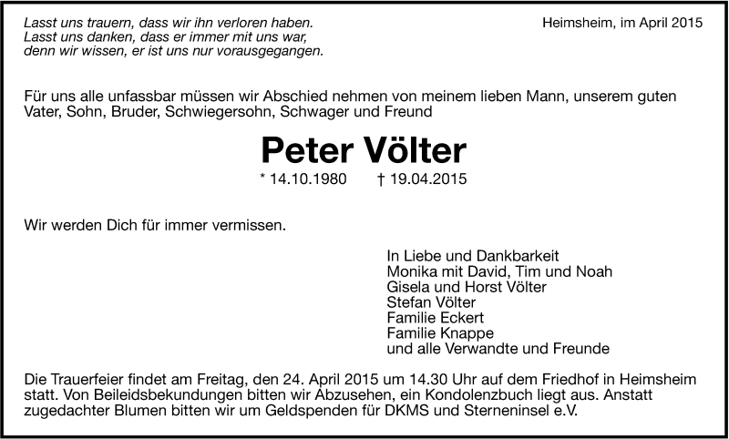  Traueranzeige für Peter Völter vom 21.04.2015 aus Leonberger Kreiszeitung / Strohgäu Extra