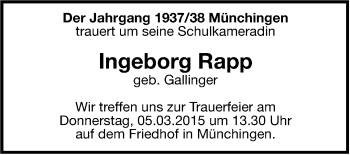Traueranzeige von Ingeborg Rapp von Leonberger Kreiszeitung / Strohgäu Extra