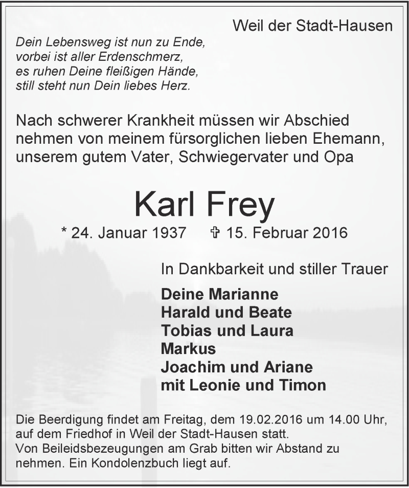  Traueranzeige für Karl Frey vom 17.02.2016 aus Leonberger Kreiszeitung / Strohgäu Extra