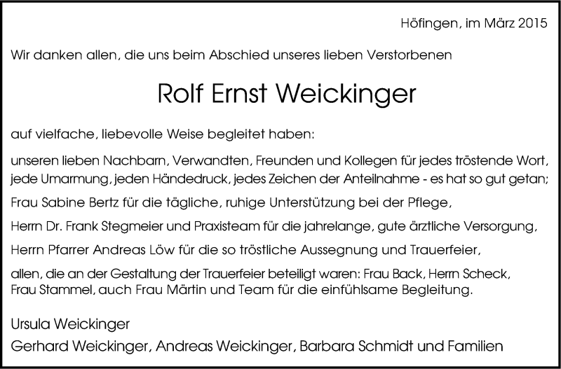  Traueranzeige für Rolf Ernst Weickinger vom 14.03.2015 aus Leonberger Kreiszeitung / Strohgäu Extra