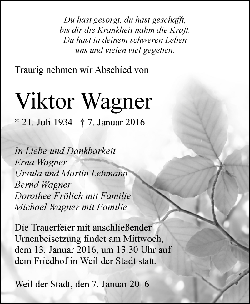  Traueranzeige für Viktor Wagner vom 12.01.2016 aus Leonberger Kreiszeitung / Strohgäu Extra