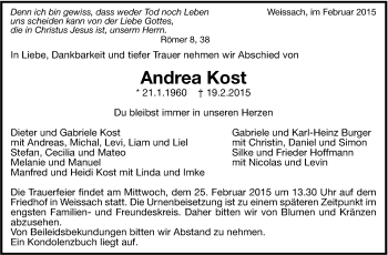Traueranzeige von Andrea Kost von Leonberger Kreiszeitung / Strohgäu Extra