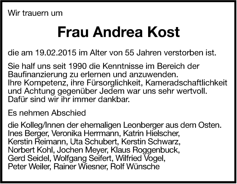  Traueranzeige für Andrea Kost vom 05.03.2015 aus Leonberger Kreiszeitung / Strohgäu Extra