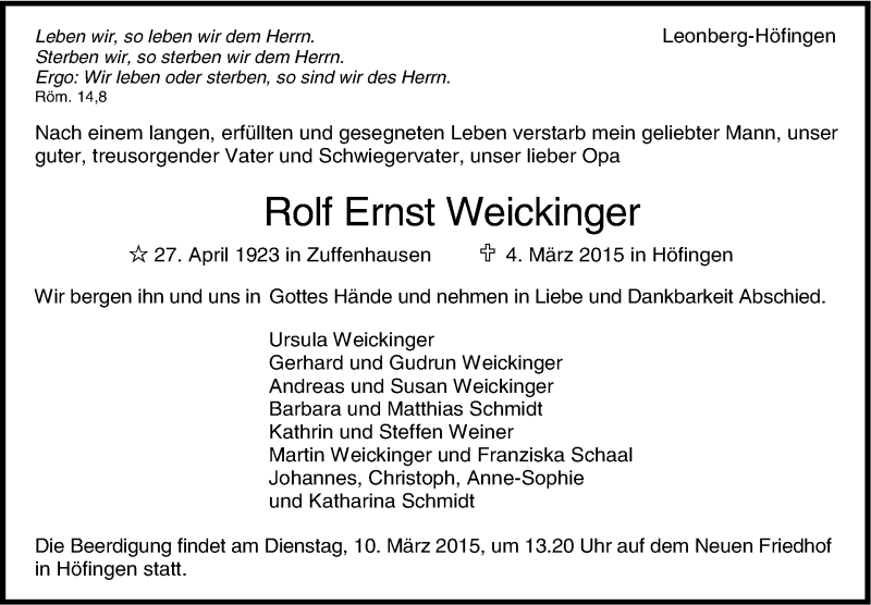  Traueranzeige für Rolf Ernst Weickinger vom 07.03.2015 aus Leonberger Kreiszeitung / Strohgäu Extra