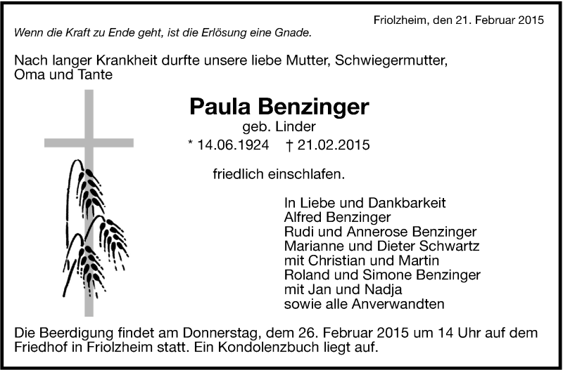  Traueranzeige für Paula Benzinger vom 24.02.2015 aus Leonberger Kreiszeitung / Strohgäu Extra