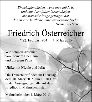 Traueranzeige von Friedrich Österreicher von Leonberger Kreiszeitung / Strohgäu Extra