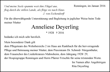 Traueranzeige von Anneliese Deyerling von Leonberger Kreiszeitung / Strohgäu Extra