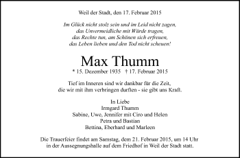 Traueranzeige von Max Thumm von Leonberger Kreiszeitung / Strohgäu Extra