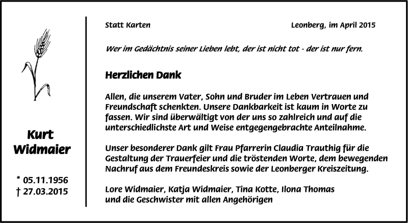  Traueranzeige für Kurt Widmaier vom 11.04.2015 aus Leonberger Kreiszeitung / Strohgäu Extra