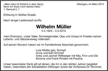 Traueranzeige von Wilhelm Müller von Leonberger Kreiszeitung / Strohgäu Extra