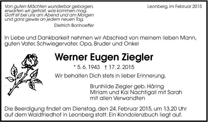  Traueranzeige für Werner Eugen Ziegler vom 19.02.2015 aus Leonberger Kreiszeitung / Strohgäu Extra