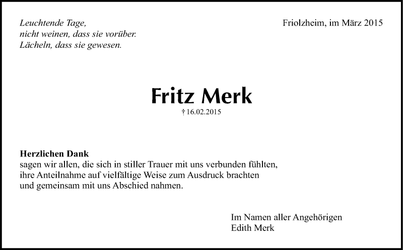  Traueranzeige für Fritz Merk vom 03.03.2015 aus Leonberger Kreiszeitung / Strohgäu Extra