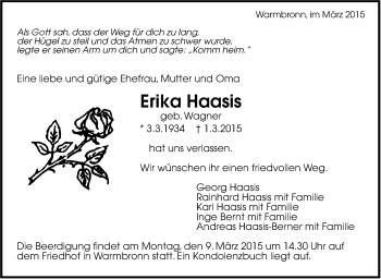 Traueranzeige von Erika Haasis von Leonberger Kreiszeitung / Strohgäu Extra