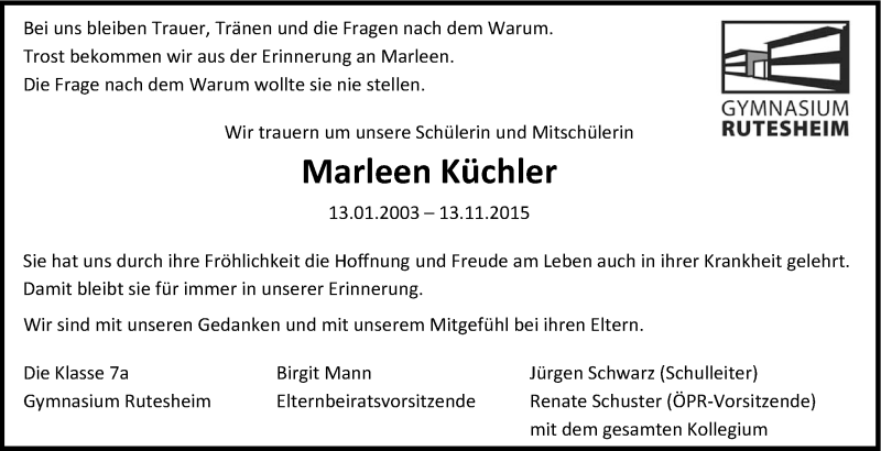  Traueranzeige für Marleen Küchler vom 18.11.2015 aus Leonberger Kreiszeitung / Strohgäu Extra