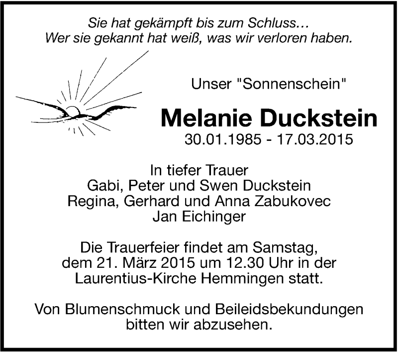 Traueranzeige für Melanie Duckstein vom 19.03.2015 aus Leonberger Kreiszeitung / Strohgäu Extra