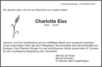 Traueranzeige von Charlotte Eiss von Leonberger Kreiszeitung / Strohgäu Extra