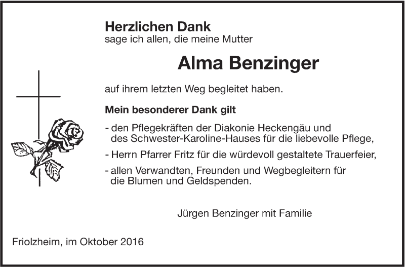  Traueranzeige für Alma Bentinger vom 07.10.2016 aus Leonberger Kreiszeitung / Strohgäu Extra