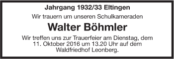 Traueranzeige von Walter Böhmler von Leonberger Kreiszeitung / Strohgäu Extra