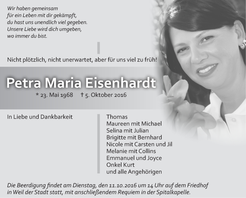  Traueranzeige für Petra Maria Eisenhardt vom 07.10.2016 aus Leonberger Kreiszeitung / Strohgäu Extra