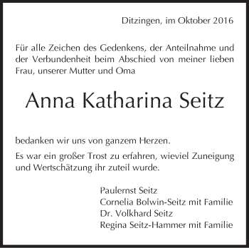 Traueranzeige von Anna Katharina Seitz von Leonberger Kreiszeitung / Strohgäu Extra