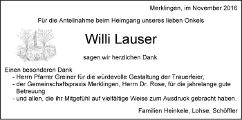 Traueranzeige von Wili Lauser von Leonberger Kreiszeitung / Strohgäu Extra