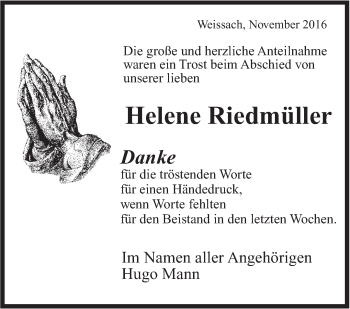 Traueranzeige von Helene Riedmüler von Leonberger Kreiszeitung / Strohgäu Extra