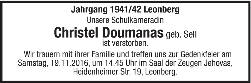  Traueranzeige für Christel Doumanas vom 15.11.2016 aus Leonberger Kreiszeitung / Strohgäu Extra
