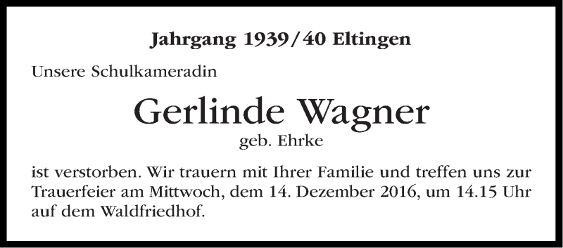  Traueranzeige für Gerlinde Wagner vom 12.12.2016 aus Leonberger Kreiszeitung / Strohgäu Extra