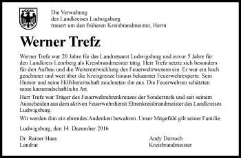 Traueranzeige von Werner Trefz von Leonberger Kreiszeitung / Strohgäu Extra