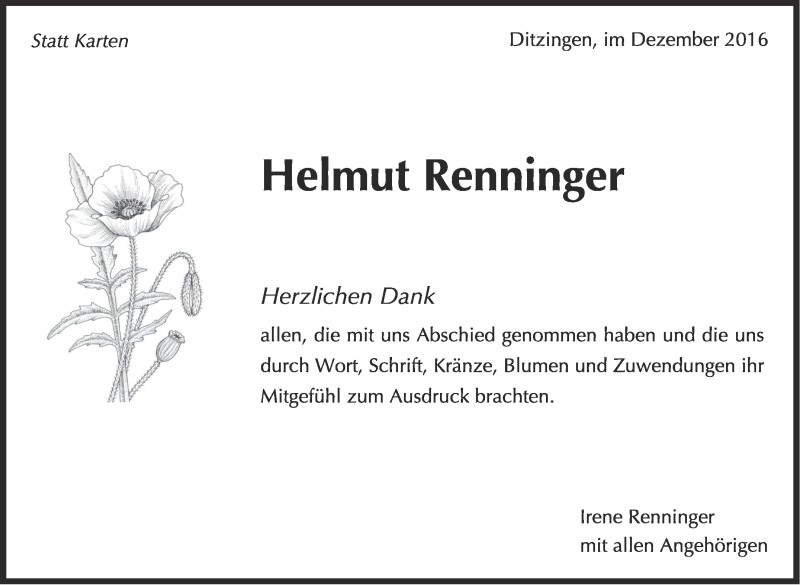  Traueranzeige für Helmut Renninger vom 15.12.2016 aus Leonberger Kreiszeitung / Strohgäu Extra