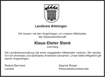 Traueranzeige von Klaus-Dieter Stenk von Leonberger Kreiszeitung / Strohgäu Extra