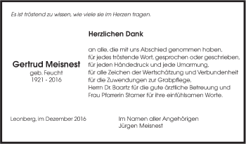 Traueranzeige von Gertrud Meisnest von Leonberger Kreiszeitung / Strohgäu Extra