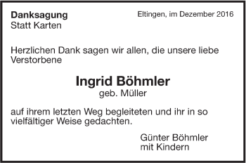 Traueranzeige von Ingrid Böhmler von Leonberger Kreiszeitung / Strohgäu Extra