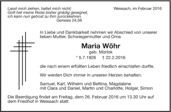 Traueranzeige von Maria Wöhr von Leonberger Kreiszeitung / Strohgäu Extra