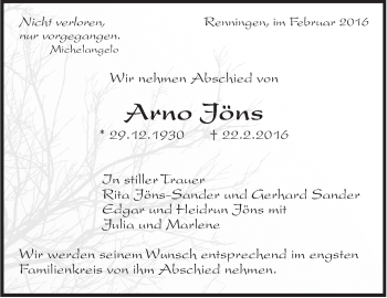 Traueranzeige von Arno Jöns von Leonberger Kreiszeitung / Strohgäu Extra