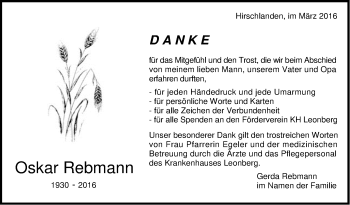 Traueranzeige von Oskar Rebmann von Leonberger Kreiszeitung / Strohgäu Extra