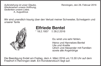 Traueranzeige von Elfriede Bentel von Leonberger Kreiszeitung / Strohgäu Extra