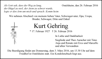 Traueranzeige von Kurt Gehring von Leonberger Kreiszeitung / Strohgäu Extra