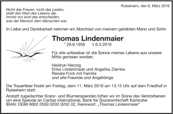 Traueranzeige von Thomas Lindenmaier von Leonberger Kreiszeitung / Strohgäu Extra