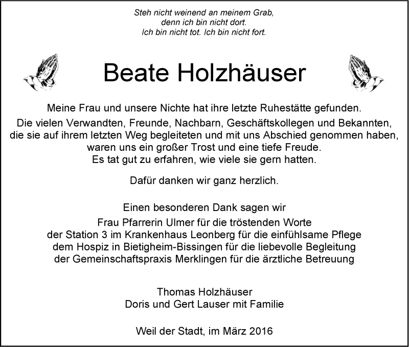  Traueranzeige für Beate Holzhäuser vom 24.03.2016 aus Leonberger Kreiszeitung / Strohgäu Extra