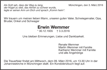 Traueranzeige von Erwin Wemmer von Leonberger Kreiszeitung / Strohgäu Extra