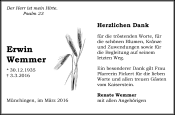 Traueranzeige von Erwin Wemmer von Leonberger Kreiszeitung / Strohgäu Extra
