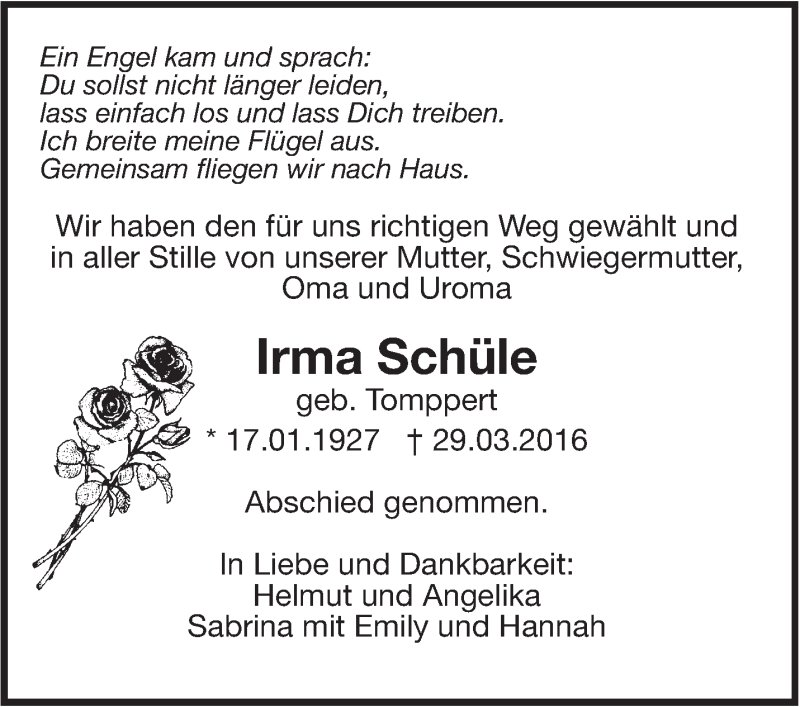  Traueranzeige für Irma Schüle vom 04.04.2016 aus Leonberger Kreiszeitung / Strohgäu Extra