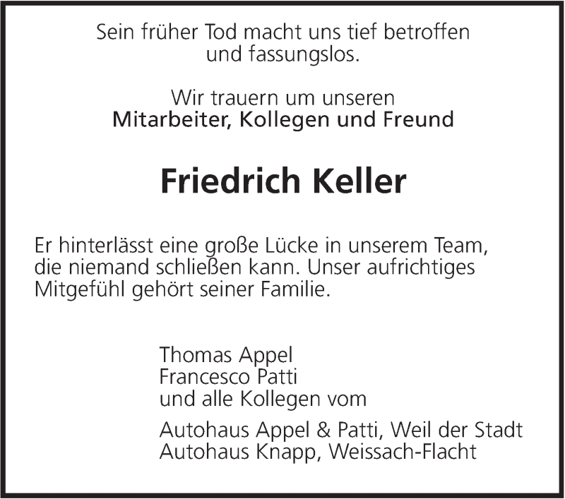  Traueranzeige für Friedrich Keller vom 15.04.2016 aus Leonberger Kreiszeitung / Strohgäu Extra