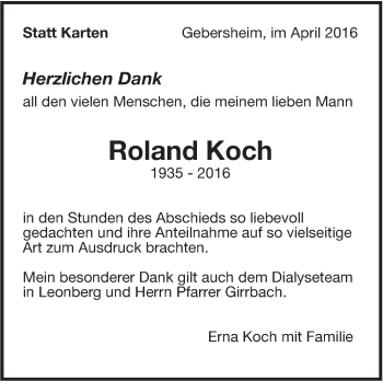 Traueranzeige von Roland Koch von Leonberger Kreiszeitung / Strohgäu Extra