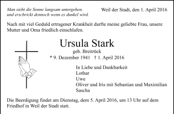 Traueranzeige von Ursula Stark von Leonberger Kreiszeitung / Strohgäu Extra