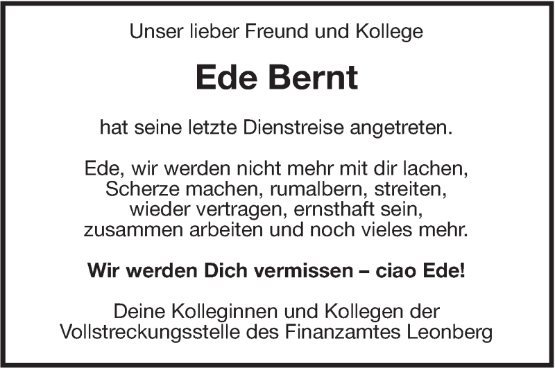  Traueranzeige für Ede Bernt vom 26.04.2016 aus Leonberger Kreiszeitung
