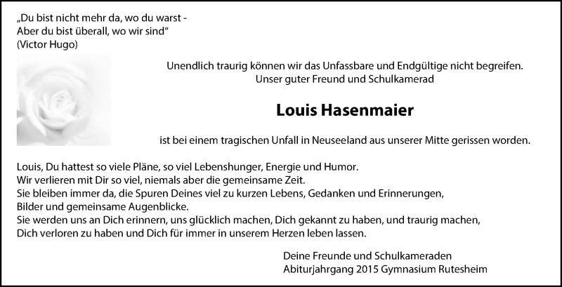  Traueranzeige für Louis Hasenmaier vom 07.05.2016 aus Leonberger Kreiszeitung / Strohgäu Extra