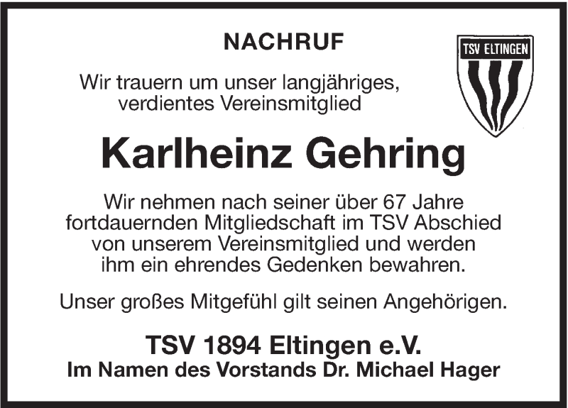  Traueranzeige für Karlheinz Gehring vom 07.05.2016 aus Leonberger Kreiszeitung / Strohgäu Extra