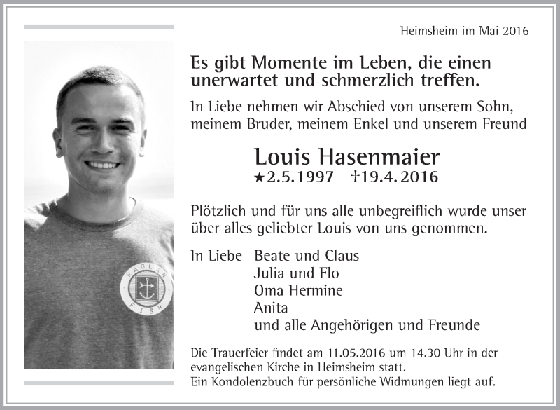  Traueranzeige für Louis Hasenmaier vom 07.05.2016 aus Leonberger Kreiszeitung / Strohgäu Extra